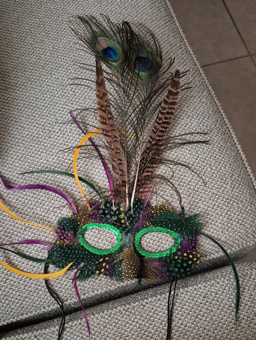 Peacock Feather Sequin Masquerade Mask in Green and Purple